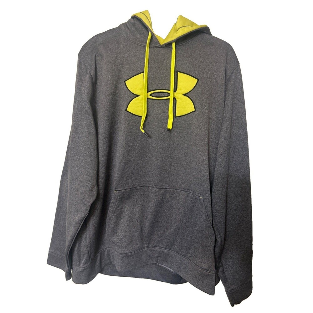 Under Armour Hoodie Mens 2XL Fleece Gray Neon Green Logo Pocket Sweatshirt